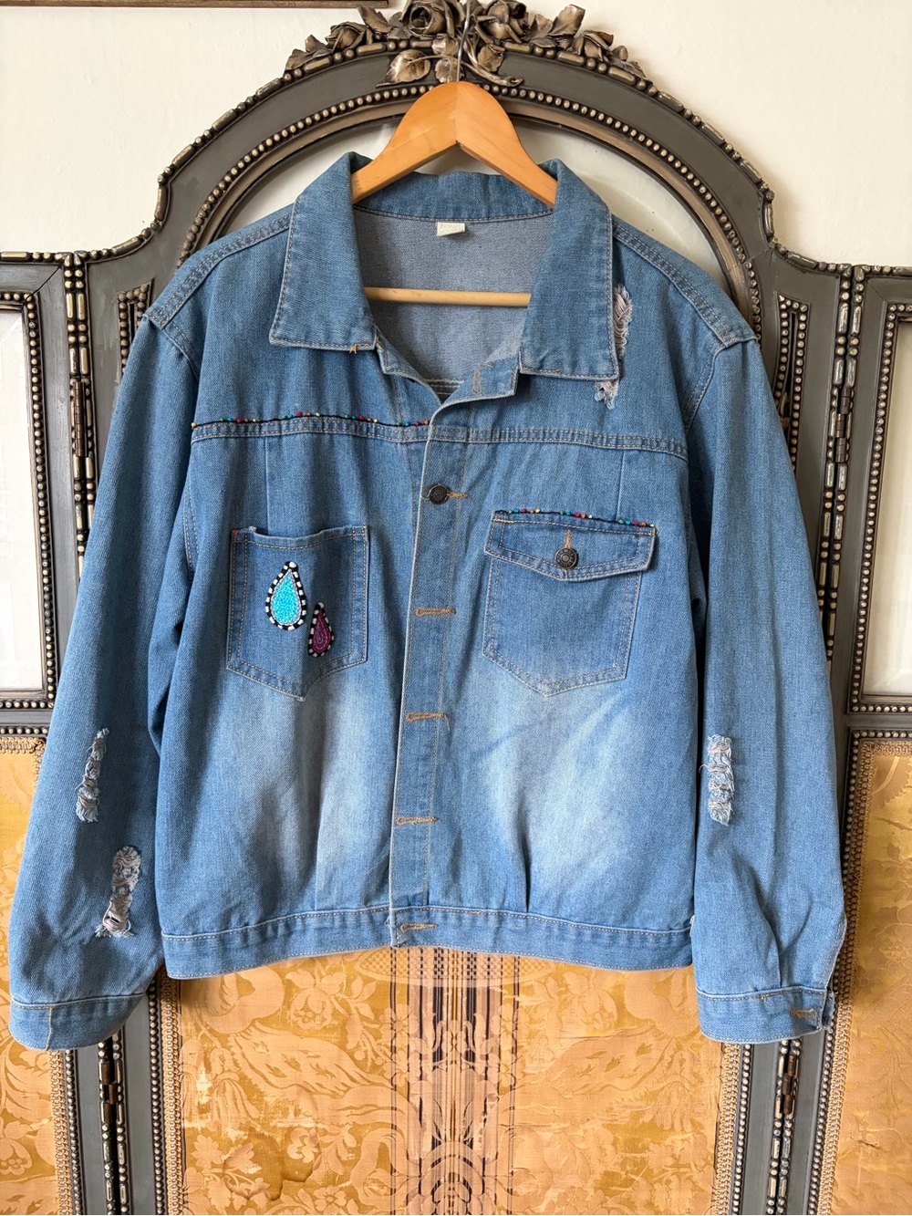Anthropologie Light Blue Denim Jacket with Colorful Bead Accents